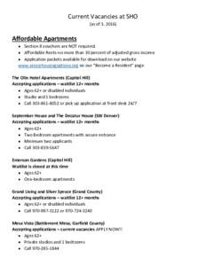 Current Vacancies at SHO (as ofAffordable Apartments  Section 8 vouchers are NOT required.  Affordable Rents-no more than 30 percent of adjusted gross income