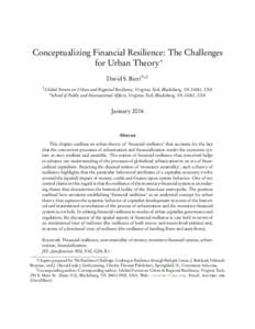 Conceptualizing Financial Resilience: The Challenges for Urban Theory∗ David S. Bieri†1,2 1  Global Forum on Urban and Regional Resilience, Virginia Tech, Blacksburg, VA 24061, USA