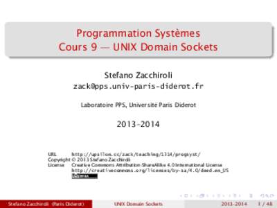 Programmation Systèmes Cours 9 — UNIX Domain Sockets Stefano Zacchiroli  Laboratoire PPS, Université Paris Diderot
