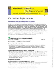 Curriculum Expectations Canadian and World Studies: History CANADIAN HISTORY SINCE WORLD WAR I GRADE 10, ACADEMIC