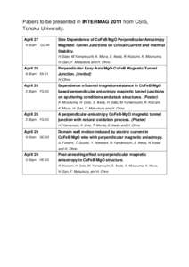 Papers to be presented in INTERMAG 2011 from CSIS, Tohoku University. April 27 9:30am  CC-04