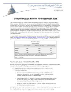 OCTOBER 7, 2015  Monthly Budget Review for September 2015 The federal government ran a budget deficit of $435 billion fiscal year 2015, the Congressional Budget Office estimates—$48 billion less than the shortfall reco