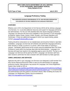NEW YORK STATE DEPARTMENT OF CIVIL SERVICE STATE PERSONNEL MANAGEMENT MANUAL Policy Bulletin #[removed]Type of Tests  July 9, 2014