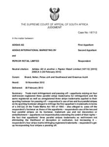 THE SUPREME COURT OF APPEAL OF SOUTH AFRICA JUDGMENT Case No: [removed]In the matter between: ADIDAS AG