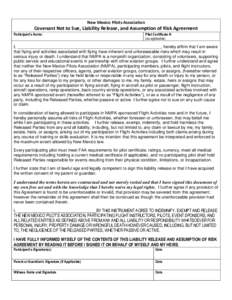 New Mexico Pilots Association  Covenant Not to Sue, Liability Release, and Assumption of Risk Agreement Participant’s Name:  Pilot Certificate #: