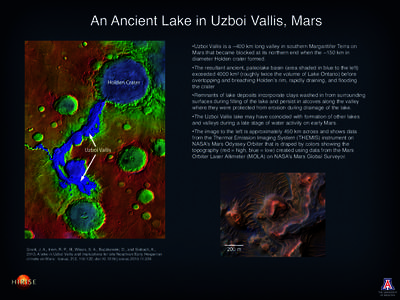 An Ancient Lake in Uzboi Vallis, Mars •Uzboi Vallis is a ~400 km long valley in southern Margaritifer Terra on Mars that became blocked at its northern end when the ~150 km in diameter Holden crater formed.   •The r