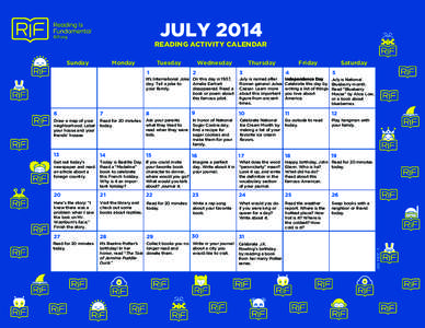 JULY 2014 READING ACTIVITY CALENDAR Sunday Monday