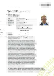 CV CURRICULUM VITAE Tobias Billström Title: First Deputy Speaker