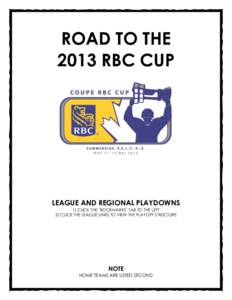 ROAD TO THE 2013 RBC CUP LEAGUE AND REGIONAL PLAYDOWNS 1) CLICK THE ‘BOOKMARKS’ TAB TO THE LEFT 2) CLICK THE LEAGUE LINKS TO VIEW THE PLAYOFF STRUCTURE