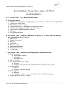 Content Outline for Physical Sciences Section of the MCAT  Content Outline for Physical Sciences Section of the MCAT GENERAL CHEMISTRY ELECTRONIC STRUCTURE AND PERIODIC TABLE A. Electronic Structure