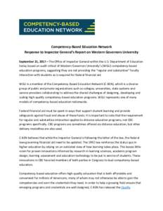 Competency-Based Education Network Response to Inspector General’s Report on Western Governors University September 21, 2017 – The Office of Inspector General within the U.S. Department of Education today issued an a