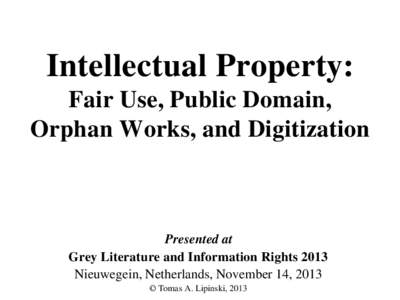 Intellectual Property: Fair Use, Public Domain, Orphan Works, and Digitization Presented at Grey Literature and Information Rights 2013