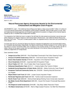 Media Contact: Samuel Chiu, (March 21, 2017  Natural Resources Agency Announces Awards for the Environmental