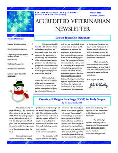 Winter 2008 Volume 1, Issue 3 New York State Dept. of Ag. & Markets Division of Animal Industry