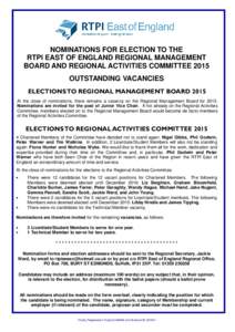 NOMINATIONS FOR ELECTION TO THE RTPI EAST OF ENGLAND REGIONAL MANAGEMENT BOARD AND REGIONAL ACTIVITIES COMMITTEE 2015 OUTSTANDING VACANCIES ELECTIONS TO REGIONAL MANAGEMENT BOARD 2015 At the close of nominations, there r