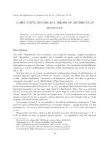 Theory and Applications of Categories, Vol. 26, No. 4, 2012, pp. 97–131.  COMMUTATIVE MONADS AS A THEORY OF DISTRIBUTIONS ANDERS KOCK Abstract. It is shown how the theory of commutative monads provides an axiomatic fra