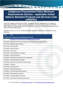 Indigenous Procurement Policy Minimum Requirements Sectors – applicable United Nations Standard Products and Services Code (UNSPSC)