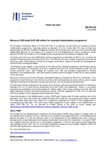 MOROCCO: EIB LENDS EUR 200 MN FOR SCHOOLS MODERNISATION PROGRAMME
