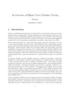 An Overview of Elliptic Curve Primality Proving Frank Li December 15, 2011