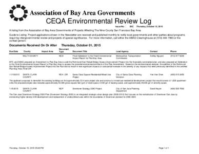 CEQA Environmental Review Log Issue No: 392  Thursday, October 15, 2015