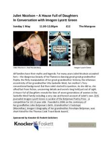 Juliet Nicolson – A House Full of Daughters In Conversation with Imogen Lycett Green Sunday 1 May00pm