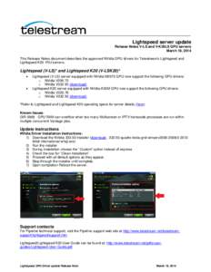 Lightspeed server update Release Notes V-LS and V-K20LS GPU servers March 18, 2014 This Release Notes document describes the approved NVidia GPU drivers for Telestream’s Lightspeed and Lightspeed K20 1RU servers.
