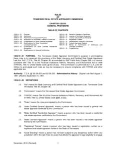 RULES OF TENNESSEE REAL ESTATE APPRAISER COMMISSION CHAPTER[removed]GENERAL PROVISIONS TABLE OF CONTENTS