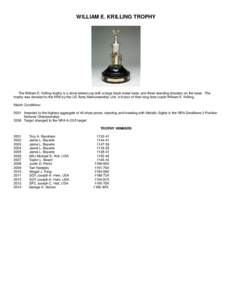 WILLIAM E. KRILLING TROPHY  The William E. Krilling trophy is a silver plated cup with a large black metal base, and three standing shooters on the base. The trophy was donated to the NRA by the US Army Marksmanship Unit