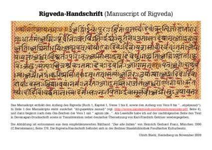 Rigveda-Handschrift (Manuscript of Rigveda)  Das Manuskript enthält den Anfang des Rigveda (Buch 1, Kapitel 1, Verse 1 bis 8, sowie den Anfang von Vers 9 bis 