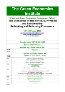 The Green Economics Institute 8th Annual Green Economics Conference, Oxford The Economics of Resilience, Survivabilty and Sustainability