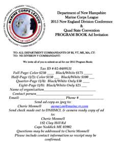 Department of New Hampshire Marine Corps League 2015 New England Division Conference & Quad State Convention PROGRAM BOOK Ad Invitation
