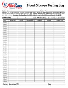 Blood Glucose Testing Log Patient Name_________________________________________________Patient Phone__________________________ Please fill out this log completely showing 30 consecutive days of test results. Medicare wil