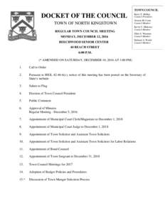 TOWN COUNCIL  DOCKET OF THE COUNCIL TOWN OF NORTH KINGSTOWN REGULAR TOWN COUNCIL MEETING