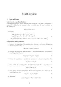 Math review 1 Logarithms  Introduction and definition: