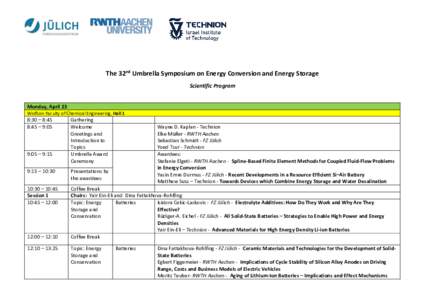The 32nd Umbrella Symposium on Energy Conversion and Energy Storage Scientific Program Monday, April 23 Wolfson Faculty of Chemical Engineering, Hall 1  8:30 – 8:45
