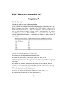 BIOE: Biostatistics Course Fall 2017 Assignment 7 Due 7th December Provide any code you used with the assignmentConsider the following data from an experiment on transfecting iPSCs (Induced Pluripotent Stem Cell