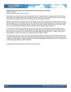 Statement of Donna M. Morrissey, Spokeswoman for the Archdiocese of Boston January 15, 2002 Contact: Donna M. MorrisseyThe Archdiocese of Boston has learned that Reverend Kelvin E. Iguabita has been arreste