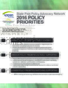 State Pain Policy Advocacy NetworkPOLICY PRIORITIES Connecting policy leaders to take action that improves pain care.