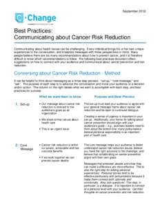 SeptemberBest Practices: Communicating about Cancer Risk Reduction Communicating about health issues can be challenging. Every individual brings his or her own unique experiences to the conversation, and interpret