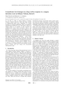 GEOPHYSICAL RESEARCH LETTERS, VOL. 30, NO. 22, 2173, doi:[removed]2003GL018676, 2003  Groundwater level changes in a deep well in response to a magma intrusion event on Kilauea Volcano, Hawai’i Shaul Hurwitz and Malcolm