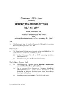 Statement of Principles concerning HEREDITARY SPHEROCYTOSIS No. 14 of 2007 for the purposes of the