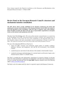 Press release issued by the Panel for the Review of the structures and mechanisms the European Research Council - 31 March