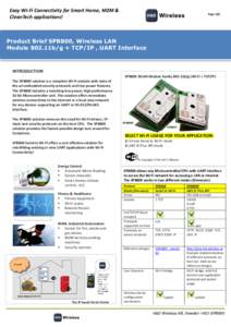 Easy Wi-Fi Connectivity for Smart Home, M2M & CleanTech applications! PageProduct Brief SPB800, Wireless LAN