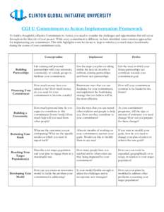 CGI U Commitment to Action Implementation Framework To build a thoughtful, effective Commitment to Action, you need to consider the challenges and opportunities that will occur throughout the lifecycle of your project. W