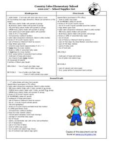 Country Isles Elementary School ~ School Supplies List Kindergarten  First Grade
