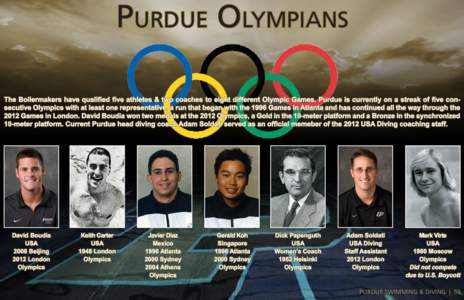 Purdue Olympians The Boilermakers have qualified five athletes & two coaches to eight different Olympic Games. Purdue is currently on a streak of five consecutive Olympics with at least one representative, a run that beg