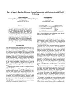 Part of Speech Tagging Bilingual Speech Transcripts with Intrasentential Model Switching Paul Rodrigues ¨ Sandra Kubler