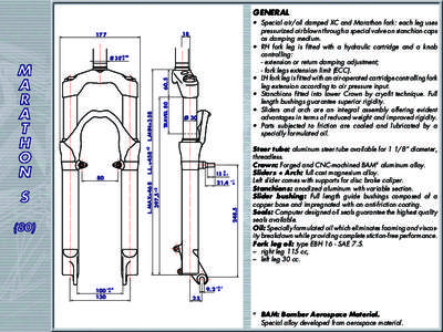 GENERAL • Special air/oil damped XC and Marathon fork: each leg uses pressurized air blown through a special valve on stanchion caps as damping medium. • RH fork leg is fitted with a hydraulic cartridge and a knob co