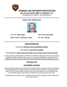 CRIMINAL SEX OFFENDER NOTIFICATION Hale County Sheriff’s Office Sex Offender Unit Chief Deputy Jason H. McCrory www.halecoso.com NAME: GRAY, BOBBY ALLEN