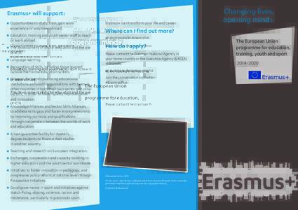 Erasmus+ will support:  pportunities to study, train, gain work O experience or volunteer abroad.  Erasmus+ can transform your life and career.